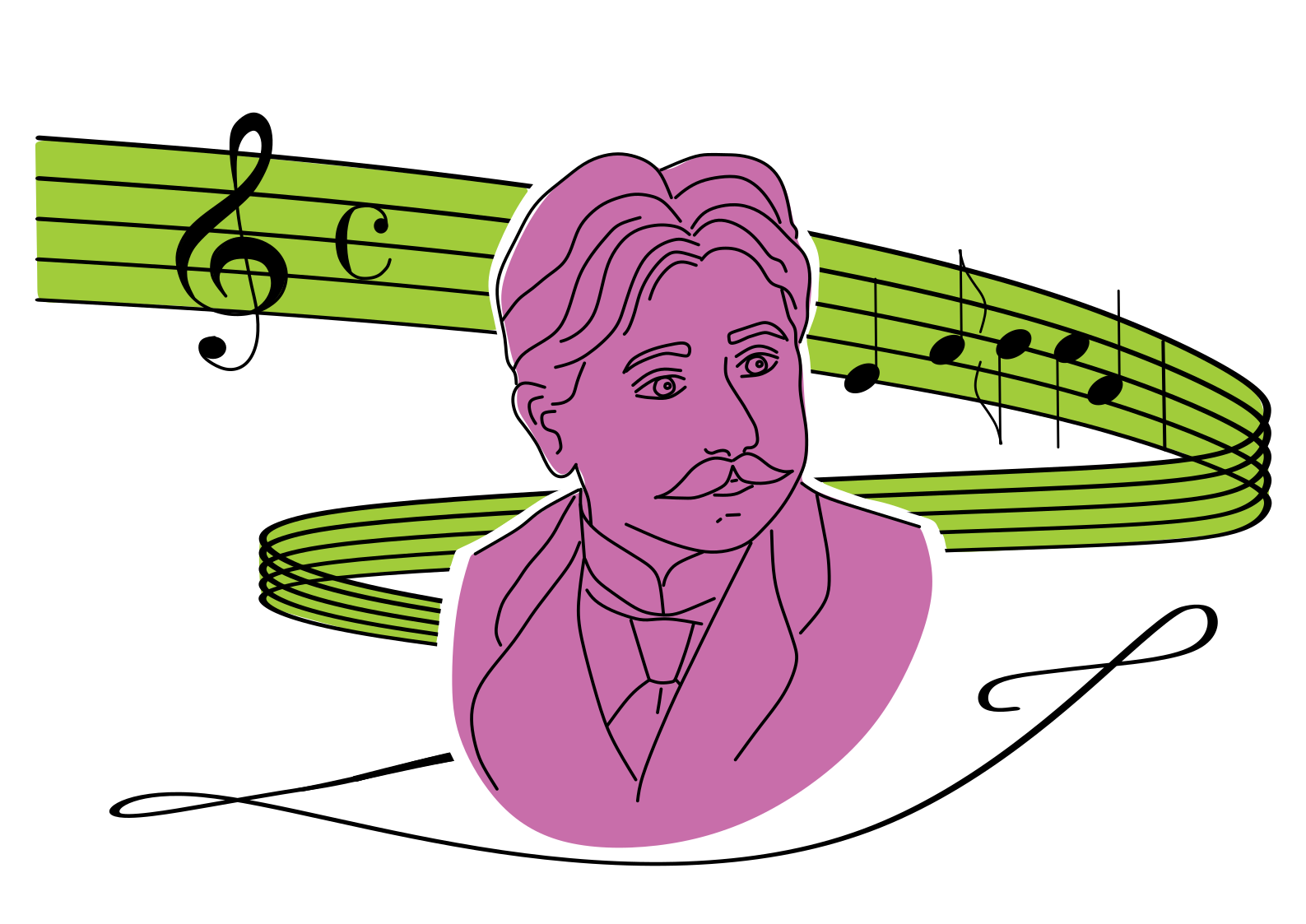 Feliks Nowowiejski wizerunek. Postać męska. W tle atrybuty - pięciolinia i nuty.