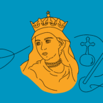 Jadwiga Andegaweńska wizerunek. Postać kobieca w koronie. W tle insygnia królewskie - berło i jabłko.
