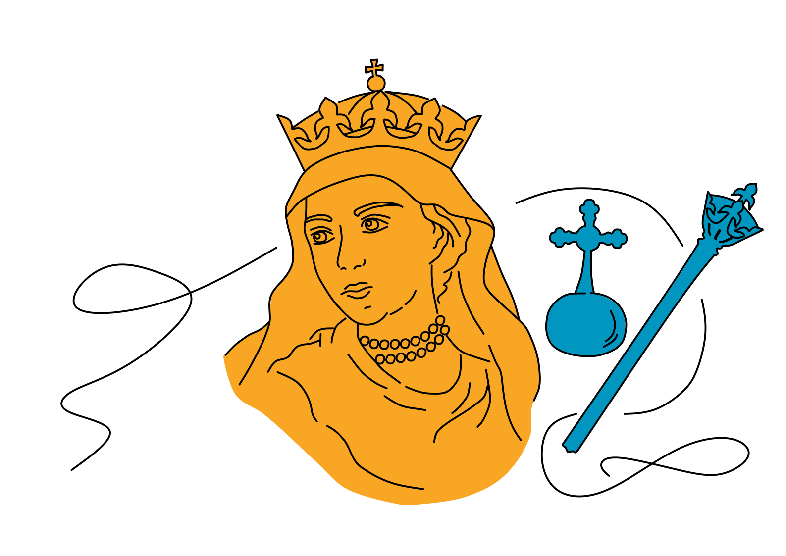 Jadwiga Andegaweńska wizerunek. Postać kobieca w koronie. W tle insygnia królewskie - berło i jabłko.